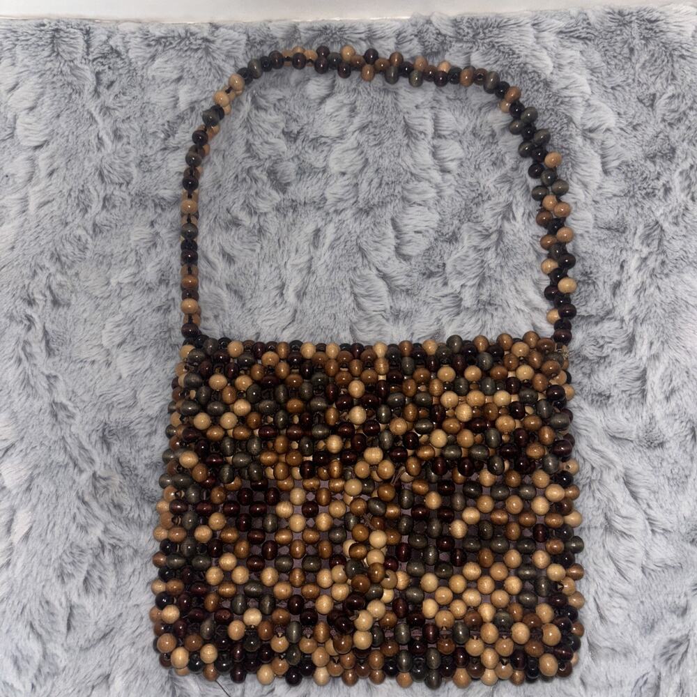 Vintage Wood Beaded Bag/Purse 1970's Great Retro Style! MidCentury, Hippy, Boho,